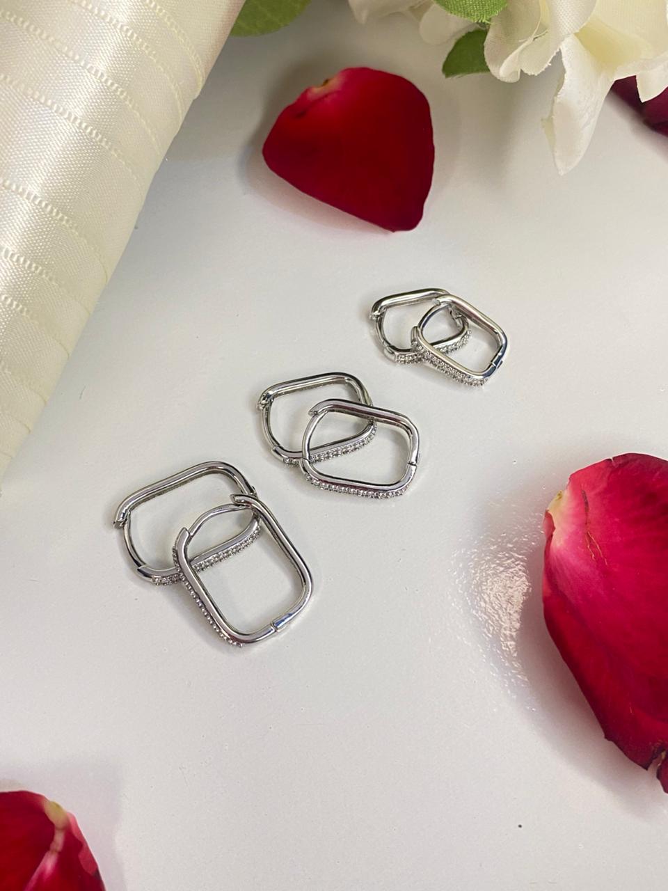 Mix Trio de Brinco Prata Argolas Quadrado Com Micro Zircônia